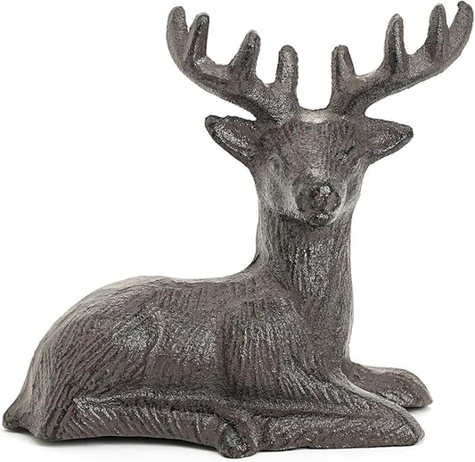 Sungmor Cast Iron Deer Statue, Christmas Reindeer Figurine, Rustic Brown Heavy Lying Elk Vintage Home Decor Sculpture, Indoor Outdoor Shelf Tabletop Holiday Decorations