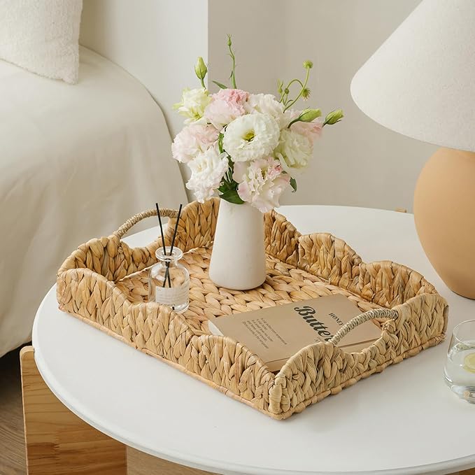 Water Hyacinth Serving Tray, Handwoven Woven Tray with Handles and Scalloped Edge, Rectangle Wicker Basket for Home Decor and Organizing, 16.9" L x 12.9" W x 1.96" H