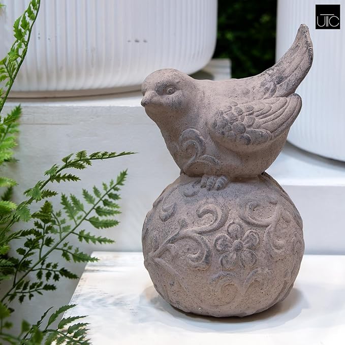 Bird Figurine with Design on Ball Pedestal for Outdoor, Small Decorative Washed Finish Bird Sculpture for Lawn, Patio Yard Lawn Ornament for Home Decor Items: 6.25"x6.50"x10.50"H, 6.50"x6.25"x10.50"H