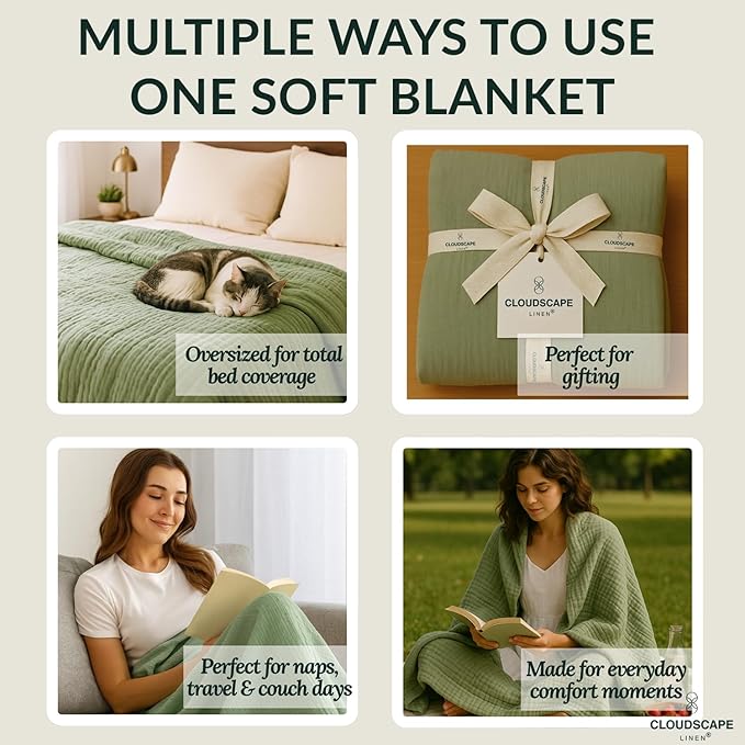 Cloud Scape Linen 100% Cotton 8 Layer Muslin Blanket Twin Size,Lightweight, Breathable Bed Blanket, Suitable for All Season, Cotton Gauze for Couch & Sofa, 68x92, Seafoam Green