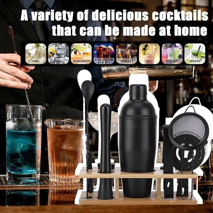 Bartender Kit 11-Piece Cocktail Shaker-Muddler for Cocktails 25oz Boston Shaker-Bar Accessories with Stylish Bamboo Stand Mix Drink Shaker kit Perfect Martini kit with Cocktail Recipes Booklet
