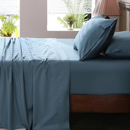 Extra Deep Pocket King Sheets 18-24 Inch 100% Egyptian Cotton 1000 Thread Count Sateen Weave Soft Breathable 4 Pieces（King，Dusty Blue）