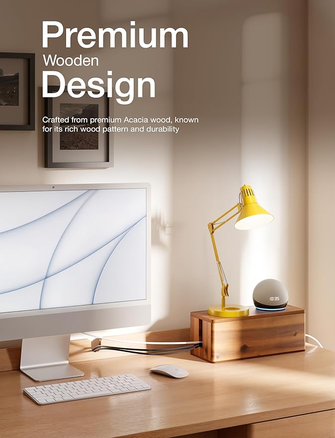 Acacia Wood Cable Management Box Round Edge - 16" L Wooden Cable Organizer Box for Electrical Hiding Cord Management - Power Strip Hider Cable Storage Box for Office, Router Wires, Under Desk