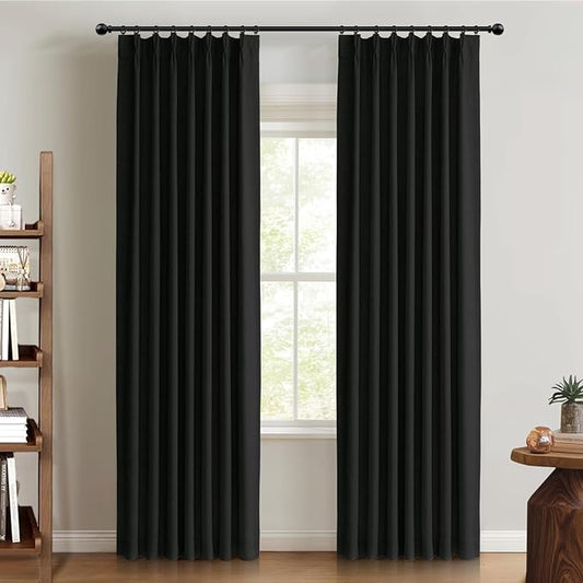 100% Blackout Shield Linen Look Textured Pinch Pleated Curtains Blackout Drapes 108 Inch Long 2 Panels Set, Faux Linen Blackout Curtains for Bedroom & Living Room, 40" W x 108" L, Black