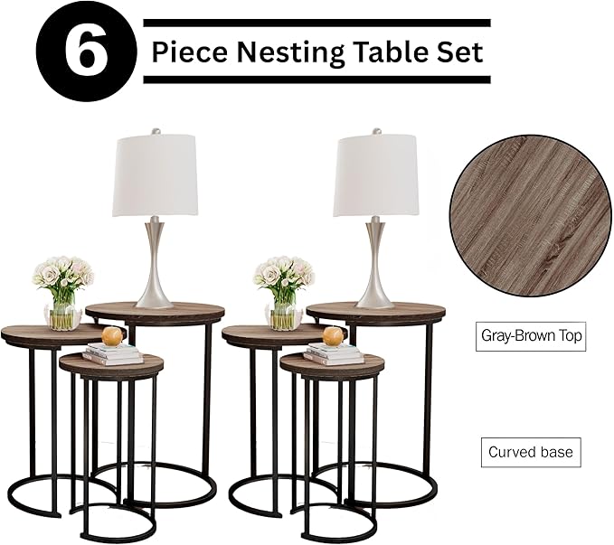 Lavish Home 6-Piece Nesting Tables – Set of 6 Round Side Tables with Woodgrain-Look Tops and Black Metal Frames – Modern Accent & End Table Set for Living Room, Bedroom, or Home Office (Gray/Brown)