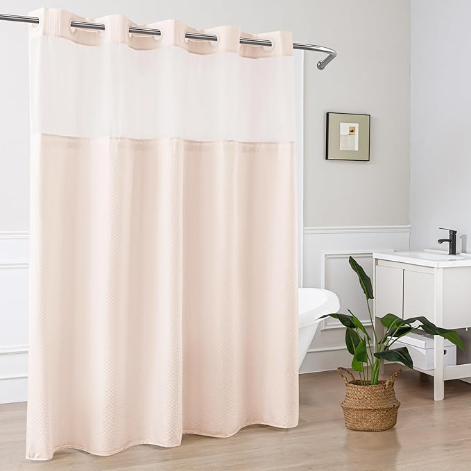 Mrs Awesome No Hook Shower Curtain with Snap-in Liner, Embossed Waffle Design Fabric Shower Curtain for Bathroom, Soft & Lightweight, 71x74, Pink