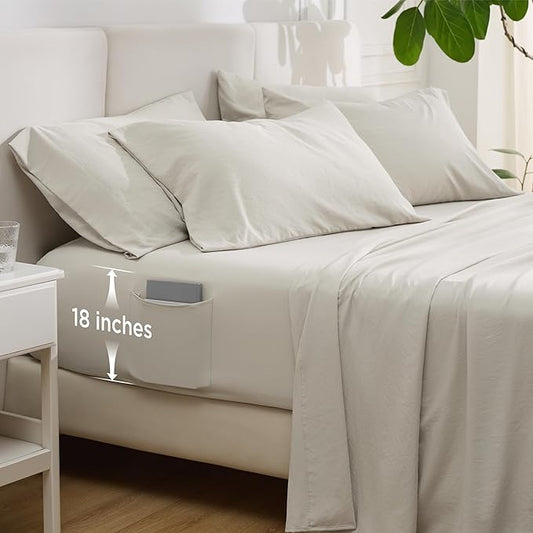 Bedsure Deep Pocket King Sheet Set - 6 Piece, Prewashed Ultra-Soft King Size Sheets Set, Fits Mattresses Up to 18 Inches Thick, Breathable & Secure Fit, Hotel Luxury Bedding, Linen