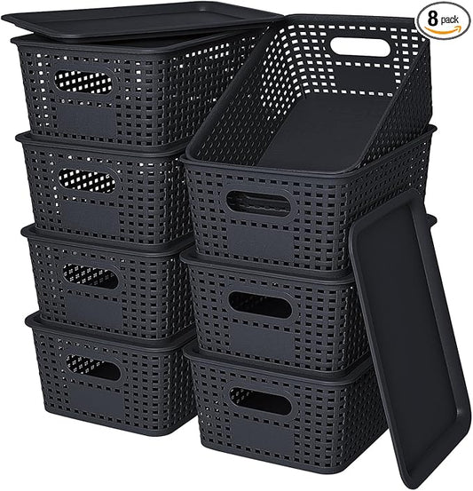 Plastic Storage Baskets with Lid-Plastic Storage Containers Stackable Storage bins: Storage Baskets for Organizing Shelves Drawers Desktop Closet Playroom Classroom Office, 8Pack-Black10.2x7.2x4.1Inch
