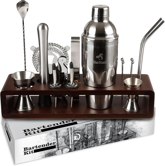 Cocktail Shaker Set Bartender Kit with Stand, Professional Bartending Kit, House Warming Gifts for New Home - Cocktail Mixer Set, Bar Tool Set - Cocktail Kit Bar Accessories for Home Bar Set
