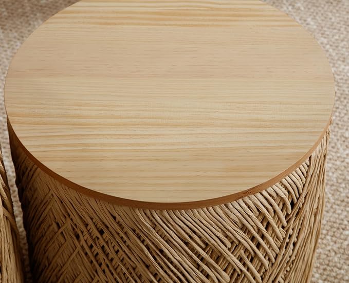 chairus Nesting Coffee Table Set of 2 Woven Round Coffee Table with Storage Solid Wood Side Table for Small Spaces, Living Room, Bedroom, Office, Natural