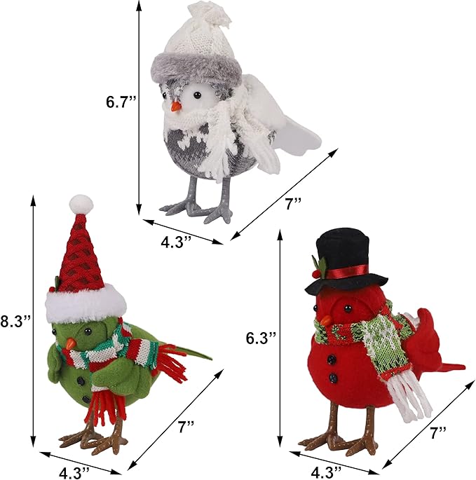 Prsildan Christmas Table Decorations Birds, Set of 3 Christmas Bird Figurine Table Top Decor, Green Red Gray Xmas Birds Ornaments for Winter Home Kitchen Fireplace Mantel Holiday Party