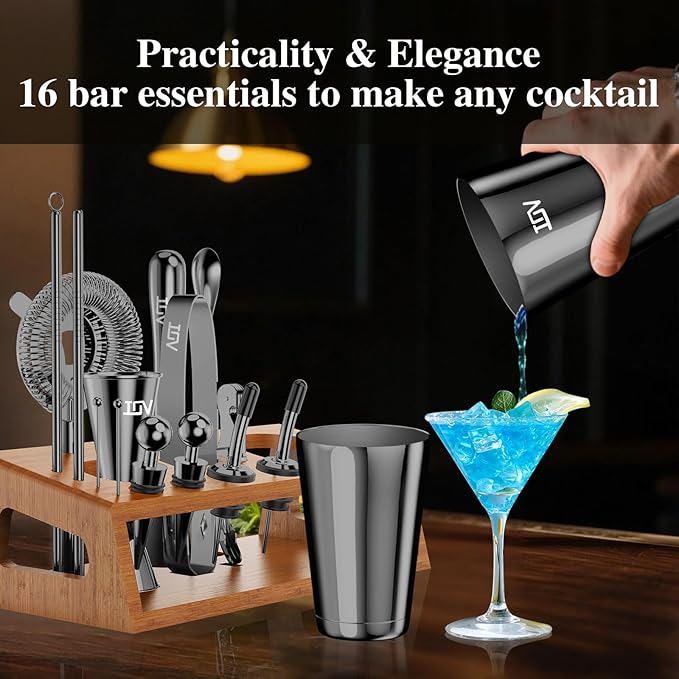 IOV Mixology Bartender Kit Bar Set with Stand | 17-Piece Cocktail Shaker Set | 28oz Boston Shaker Drink Mixer Set with All Essential Accessory Tools | Fun Housewarming Gift (Black)
