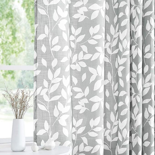 Treatmentex Grey Semi-Sheer Curtains for Bedroom 95" Long White Leaf Print Curtains for Living Room Grommet Top Window Panels, 1 Pair