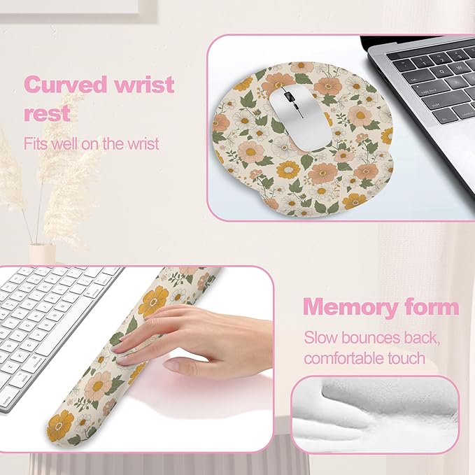 Retro Boho Groovy Flower Mouse Pad with Wrist Rest and Keyboard Wrist Rest Set, Non-Slip Rubber Base Memory Foam Mouse Pad Set for Women, Office Desk Accessories, Gaming