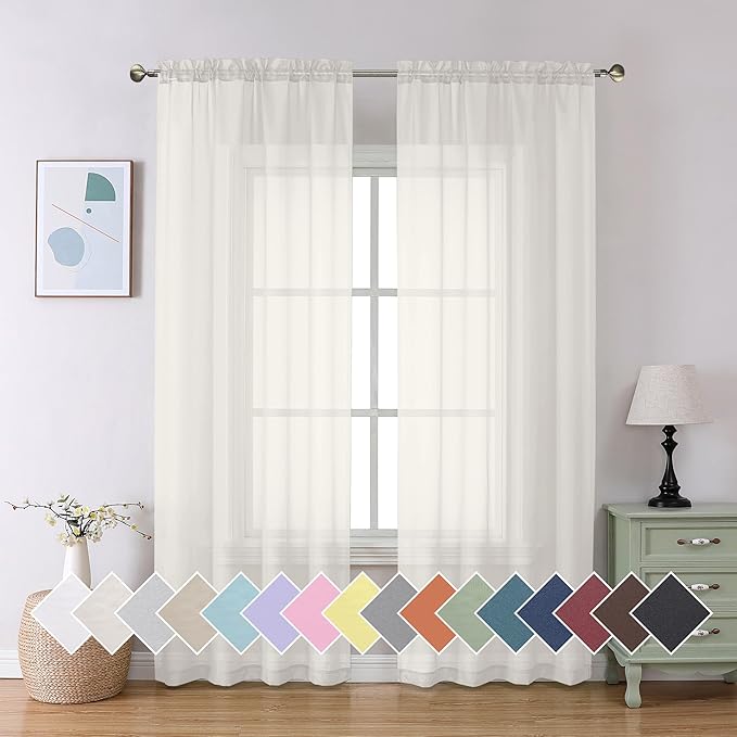 Aiyufeng Modern Sheer Window Curtains, Rod Pocket Long Curtains Translucent Drapes Semitransparent Privacy with Light Through for Bedroom/Living Room, Ivory, W42 x L90, 2 Pieces