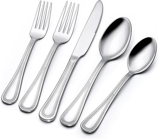 40 Piece Silverware Set for 8, Terlulu Stainless Steel Flatware Set, Mirror Polished Cutlery Set Utensil Set, Tableware Include Forks Spoons Knives for Home Restaurant, Beaded Handle, Dishwasher Safe