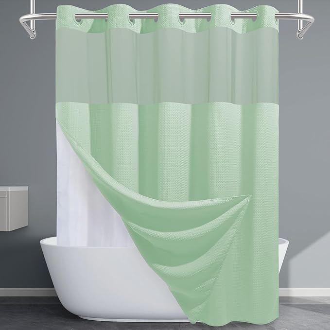 Mint Green Long No Hook Shower Curtain with Snap in Liner,230GSM Waffle Weave Shower Curtains for Bathroom,71W x 86H