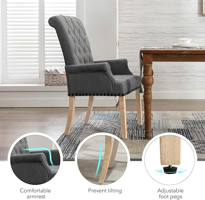 AODCHR Upholstered Fabric Accent Dining Chair Set of 6, Elegant Tufted Dining Room Chairs, Kitchen Room 2 Arm with 4 Armless,Dark Grey