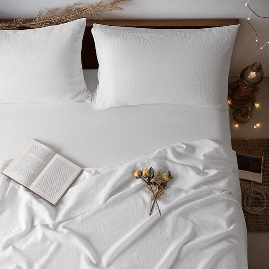 LBRO2M 100% Linen Sheet Set 19" Deep Pocket California King Size,Bed Sheets 4 Piece Sets,Solid Color Natural Flax Bed Sheets Soft Breathable Bedding,All Season (Clifornia King, White)