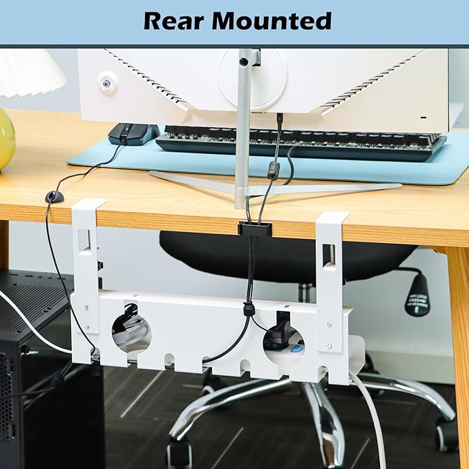 Under Desk Cable Management Tray 2 Pack White, No Drill Cord Organizer with Clamp for Wire Management, Home & Office Accessories