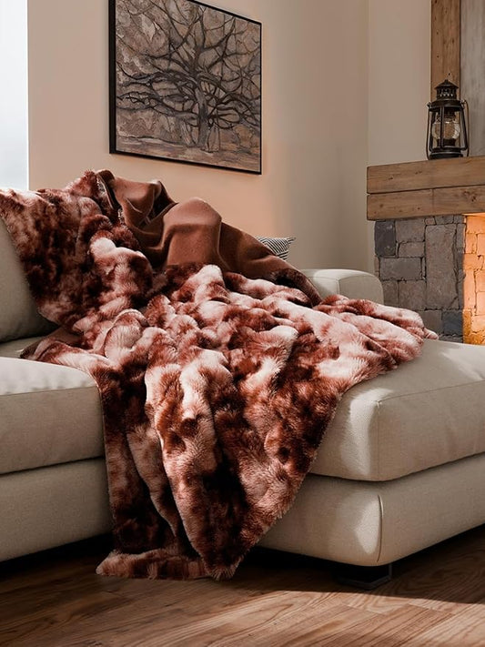 Fluffy Blanket Throw Size - Faux Fur Throw for Couch or Bed - Plush Soft Extra Thick Faux Fur Rabbit Blanket - Comfy, Fuzzy, Warm & Breathable - Luxury Minky Tie Dye Bedding - 50" x 60", Marble Brown