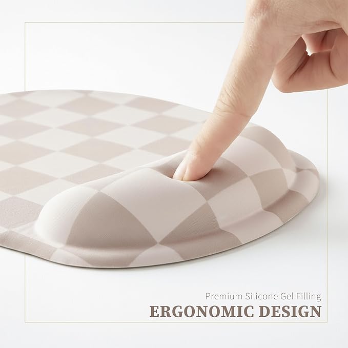 Beige Khaki Checkered Mouse Pad with Gel Wrist Rest, Wrist Support, Ergonomic Desk Accessories for Women, Office Laptop Gaming Decor, Cute Aesthetic Check Design
