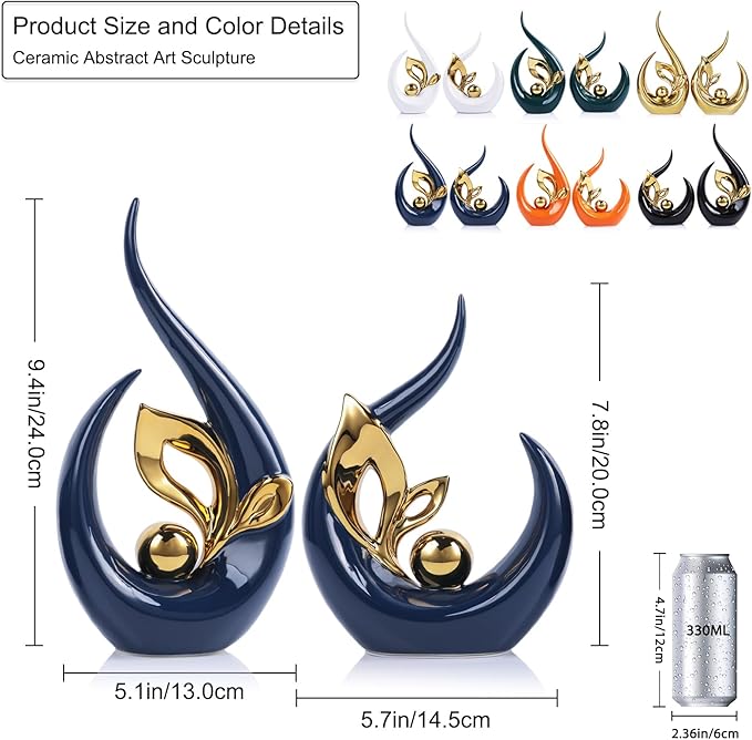 9.4" H Blue Gold Abstract Sculptures Home Decor, Ceramic Art Statue Cool Stuff to Put on Shelves&tv Stand Decor, Gold Accent Entertainment Center, for Fireplace Coffee Table Dining Table Decorate