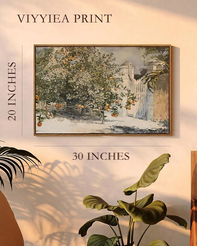 VIYYIEA Vintage Plant Large Framed Wall Art, Orange Trees and Gate Painting Decor Aesthetic, 20x30 Inch Canvas Print Artwork, Farmhouse Still Life Wall Pictures for Bedroom Living Room