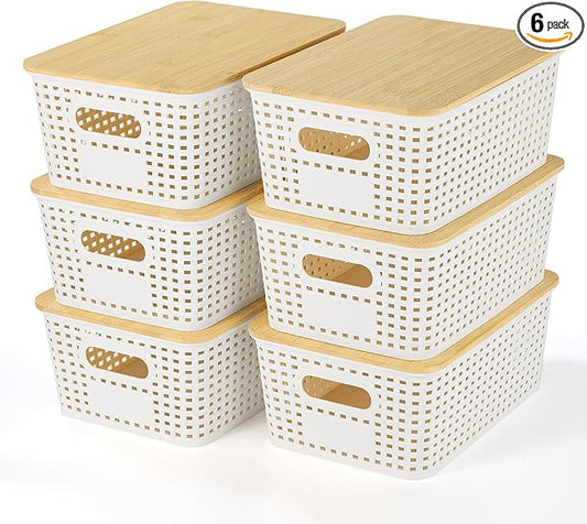 Plastic Storage Baskets With Bamboo Lid - Plastic Storage Containers Stackable Storage bins: Storage Baskets for Organizing Shelves Drawers Desktop Closet Playroom Classroom Office, 6 Pack