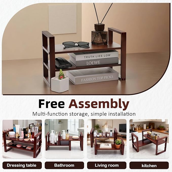 Upgraded Desktop & Off-Surface Shelves, No Tools Assembly Interlocking Joints for Enhanced Stability, Solid Pine Wood, 130lb Load Capacity for Office, Books, Bathroom Storage Walnut Colour