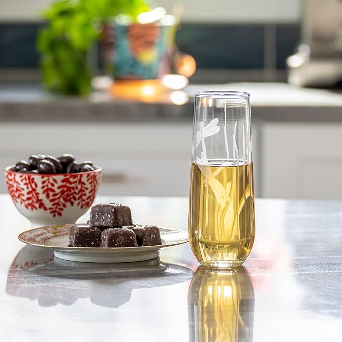 Rolf Glass Dragonfly Stemless Champagne Flute Glasses 8.5 ounce Set of 4 - Toasting Flute Glasses - Lead-Free Glass - Etched Flute Glasses – Proudly Made in the USA