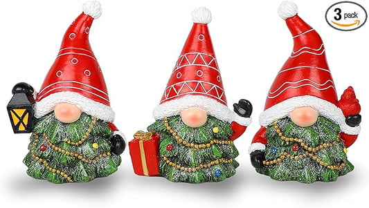 MorTime Set of 3 Christmas Gnomes Table Decorations, Resin Gnome with Gift Box Xmas Tree Centerpieces for Desk Shelf Fireplace Winter Holiday Christmas Decor