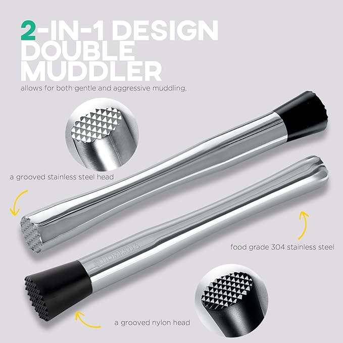 Homestia 3 Pcs Muddler for Cocktails Set, 10'' Muddler, 12'' Cocktail Spoon & 1 OZ/2 OZ Double Jigger Mixing Tool Set, Stainless Steel Silver Bar Tool Set for Beverages Drinks Mixing Home Bar