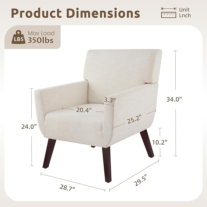 Upholstered Accent Chair,Mid Century Modern Linen Fabric Small Living Room Chair with Arm,Comfy Wingback Armchair for Bedroom Reading Beige