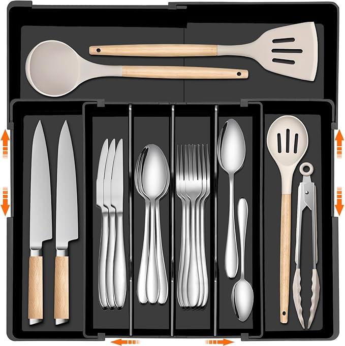 Silverware Organizer - Expandable Kitchen Drawer Organizer BPA-Free Silverware Drawer Organizer, Stackable Cutlery Tray for Forks, Knives, Slim Kitchen Organizers and Storage, Black, Large