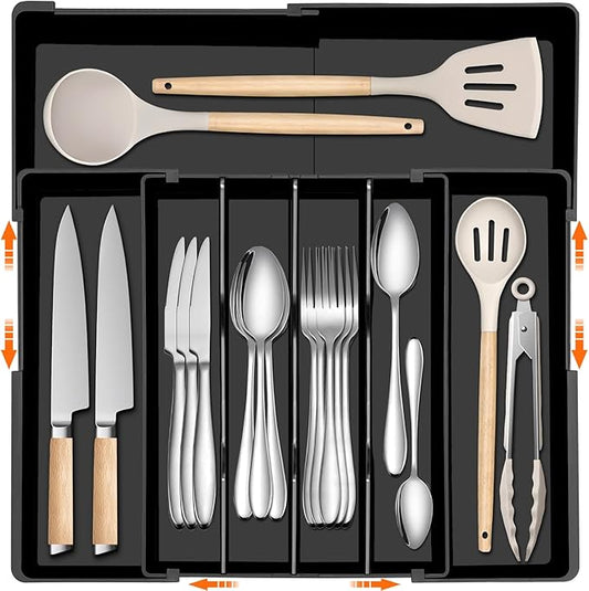 Silverware Organizer - Expandable Kitchen Drawer Organizer BPA-Free Silverware Drawer Organizer, Stackable Cutlery Tray for Forks, Knives, Slim Kitchen Organizers and Storage, Black, Large