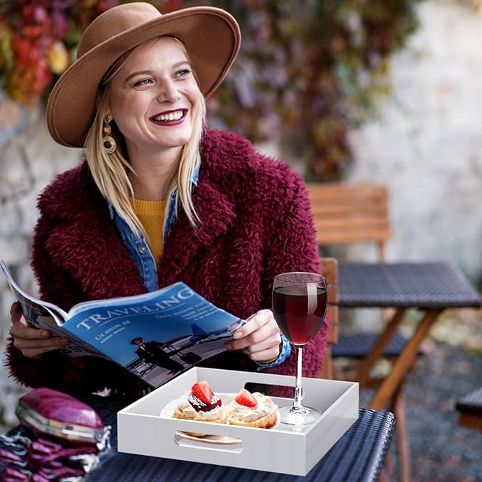 Home Decorative Coffee Table Tray, 10"x10" Elegant Acrylic Serving Trays with Handles Works for Eating, Breakfast, Makeup Drawer Organizer,Bathroom Vanity Table,Ottoman Tray, White