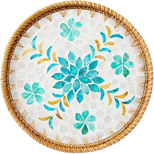 Rattan Serving Tray with Mother of Pearl, Round Coffee Table Tray Decor, Boho Decorative Round Hand-Woven Wicker Home Decor (Spring Garden, 12 inch)