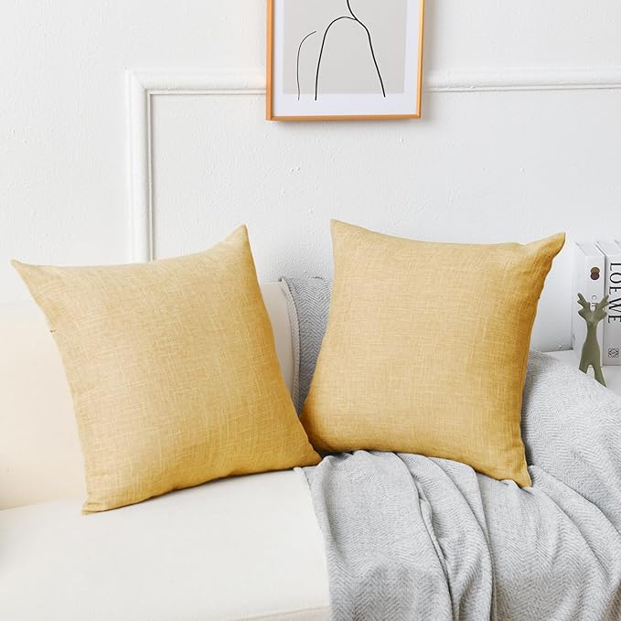 JIUZHEN 18x18 Inch Mustard Yellow Faux Linen Pillow Covers Set of 2, Vintage Rustic Throw Pillow Covers for Couch Chair, Fade-Resistant Fabric