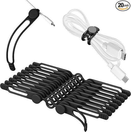 20Pcs Nearockle Silicone Cable Ties 3Inch Cord Organizer, Reusable Small Zip Ties Cable Organizer for Charging Cords Earphone Computer Wire, Office Desk Cable Management Travel Accessories(Black)