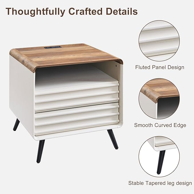 RedLemon 24" Nightstand with Charger Station, Mid Century Modern Fluted End Table with 2 Drawers, Wooden Side Table with Open Cubby Storage for Living Room, Bedroom, Office (Antuique White)