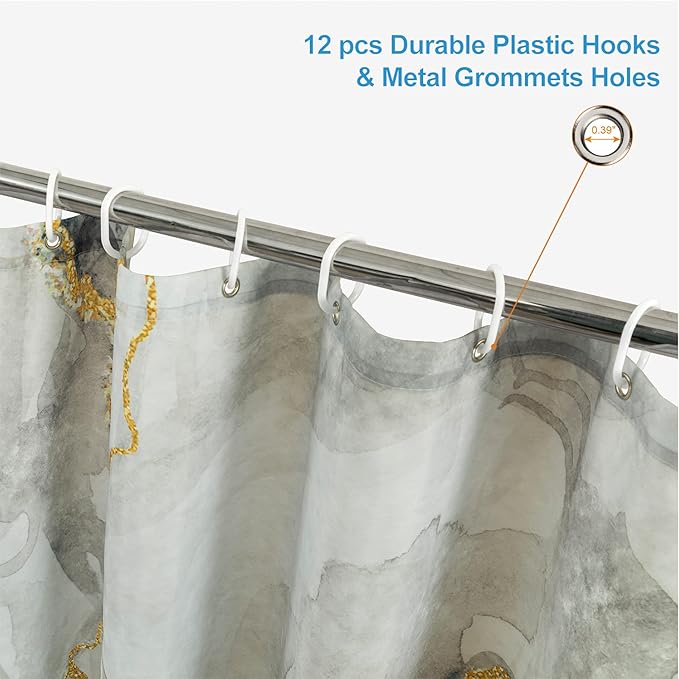 Marble Shower Curtain, Grey Marble Shower Curtain Set with 12 Hooks, Abstract Luxury Gray White Marble with Gold Veins Texture Shower Curtains for Bathroom, Waterproof Fabric, 72" W X 72" L