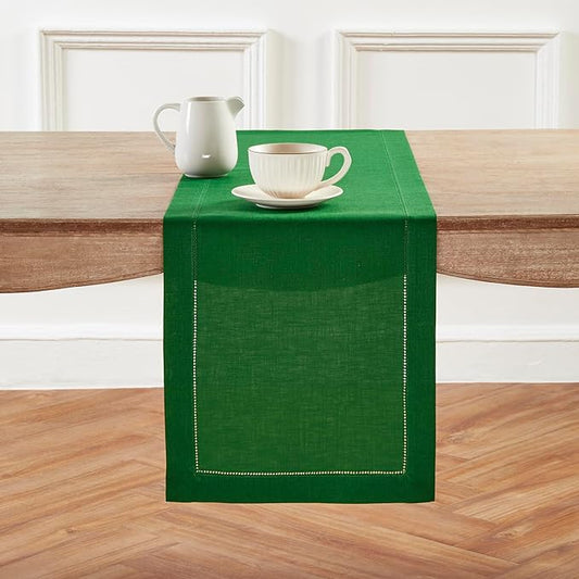 Solino Home Linen Table Runner 48 Inches - 100% Pure Linen Garden Green Hemstitch Table Runner 14 x 48 Inch Ideal for Dresser and Coffee Tables - Classic Hemstitch - Christmas