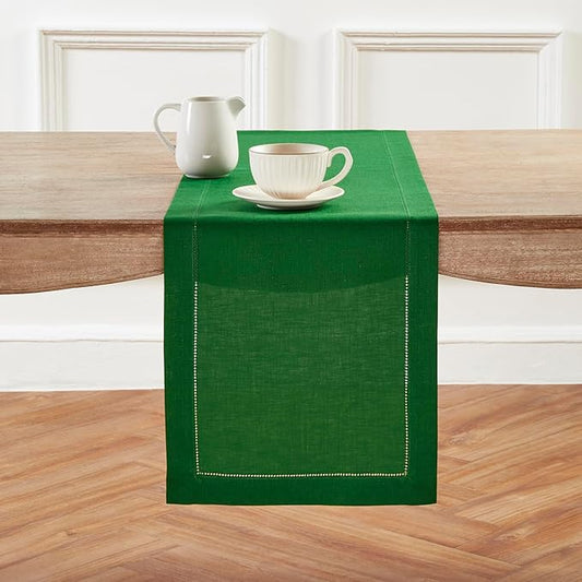 Solino Home Linen Garden Green Table Runner 132 Inches Long - 100% Pure Linen Extra Long Table Runner 14 x 132 Inch for Christmas - Classic Hemstitch