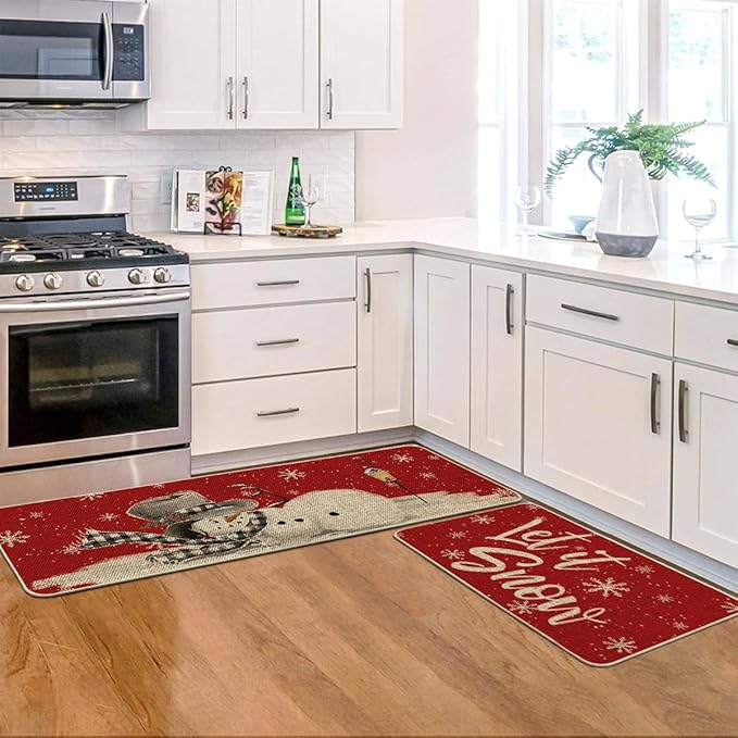 Artoid Mode Red Let It Snow Snowflake Snowman Winter Kitchen Mats Set of 2, Christmas Decor Low-Profile Kitchen Rugs for Floor - 17x29 and 17x47 Inch