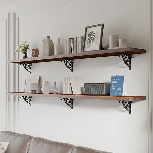 60 inch Long Floating Shelves for Wall,Solid Pine Wood Long Wall Shelves Set of 2,Walnut Color Bookshelf with Retro Iron Brackets for Living Room,Kitchen,Bathroom