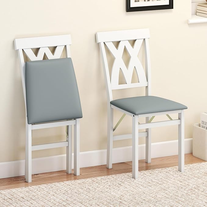 GOFLAME Folding Dining Chairs Set of 2, Foldable Kitchen Chairs with PVC Leather Padded Seat and Rubber Wood Frame, Elegant Hollowed Backrest, Wooden Dinner Chair Set for Dining Room, White