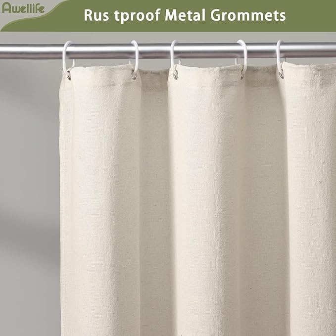 Awellife Farmhouse Cream Shower Curtain Button Linen Textured Woven Fabric,Country Style (Cream & Green, 72" W x 72" L)