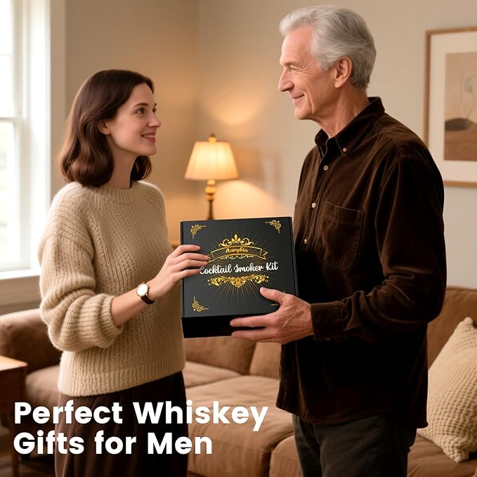 Electric Whiskey Smoker Kit with Built-in Lighter, Rechargeable & No Butane Needed, Includes 6 Wood Chips for Old Fashioned Cocktails, Bourbon Whiskey Gifts for Men/Dad/Husband,Black
