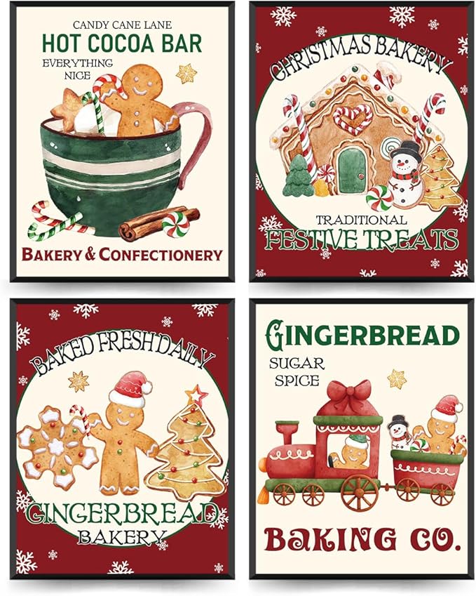 ETVISO Gingerbread Christmas Decorations, Gingerbread Christmas Wall Art Prints Set of 4, Winter Holiday Baking Lover Gifts Home Decor, Xmas Bakery Hot Cocoa Porch Wall Decor, 8x10 (Unframed)